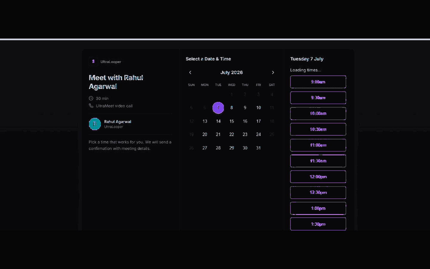 Public booking page showing UltraMeet video call on scheduled appointments